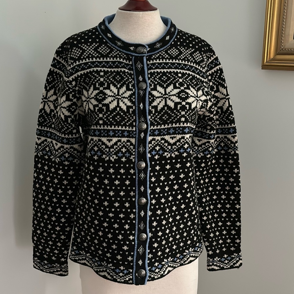 LL Bean EUC 100% Wool Norwegian Fair Isle Cardigan Sweater Sz L Mint Cond